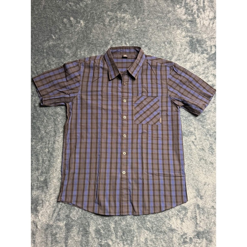 Oakley Shirt Men Medium Blue Brown Plaid Short Sleeve Button Up Logo Pockets